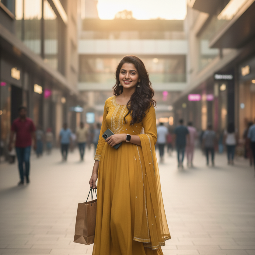 Woman in a yellow dress standing in a shopping mall with blurred background