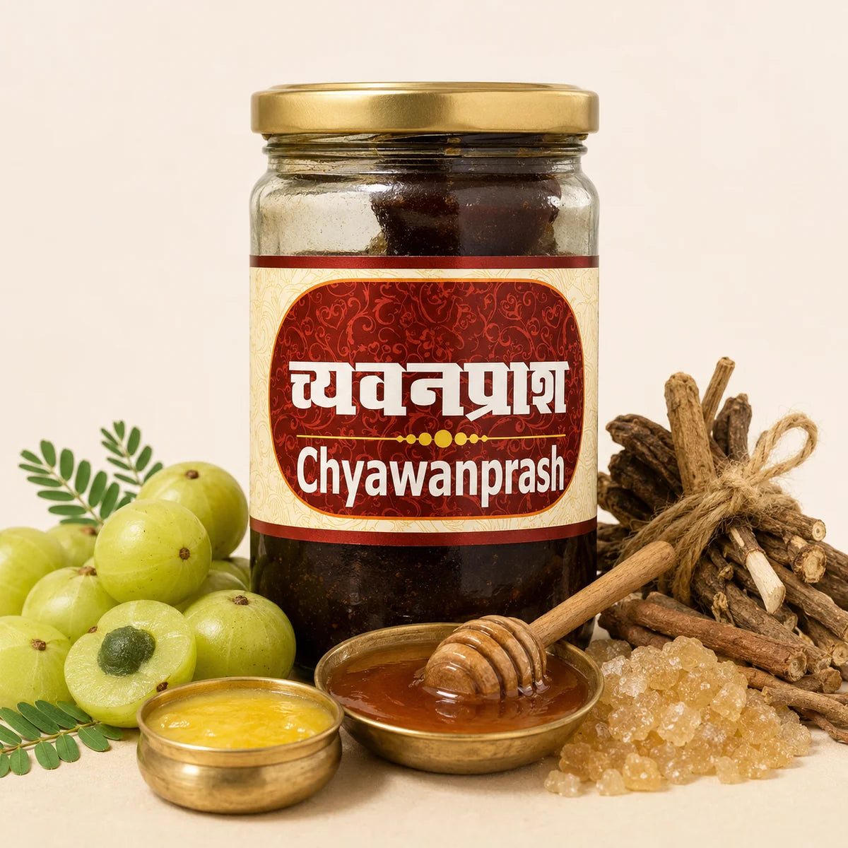Chyawanprash ingredients - fresh amla, A2 bilona cow ghee, forest honey, khandsari sugar and dashamoola roots