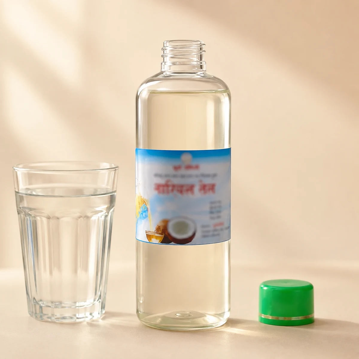 Cold pressed coconut oil 500ml bottle shown next to a glass for size