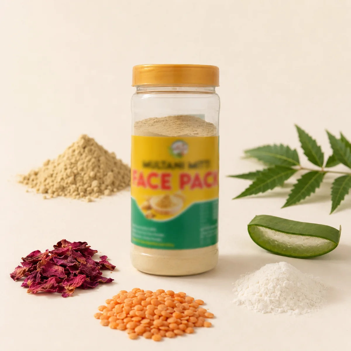 Face Ubtan ingredients - multani mitti, rose, masoor dal, rice flour, neem, aloe
