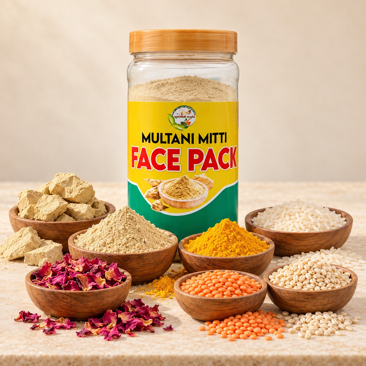 Face Ubtan ingredients - multani mitti, rose petals, turmeric, rice, masoor dal and barley