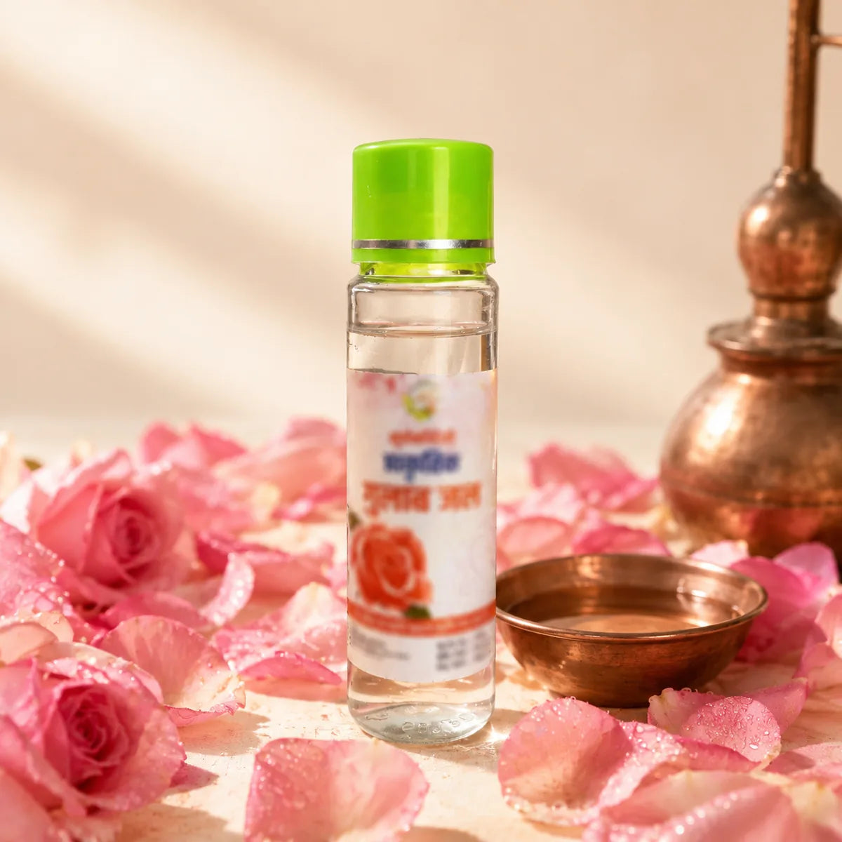 Gulab Jal ingredients - fresh rose petals and steam-distilled rose water
