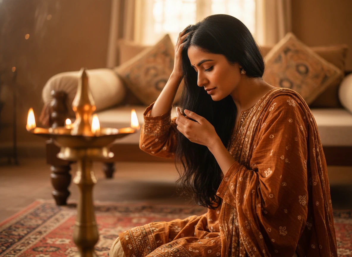 Woman Applying Kesh Sanvardhan Ayurvedic Hair Oil - Scalp Massage for Hair Growth