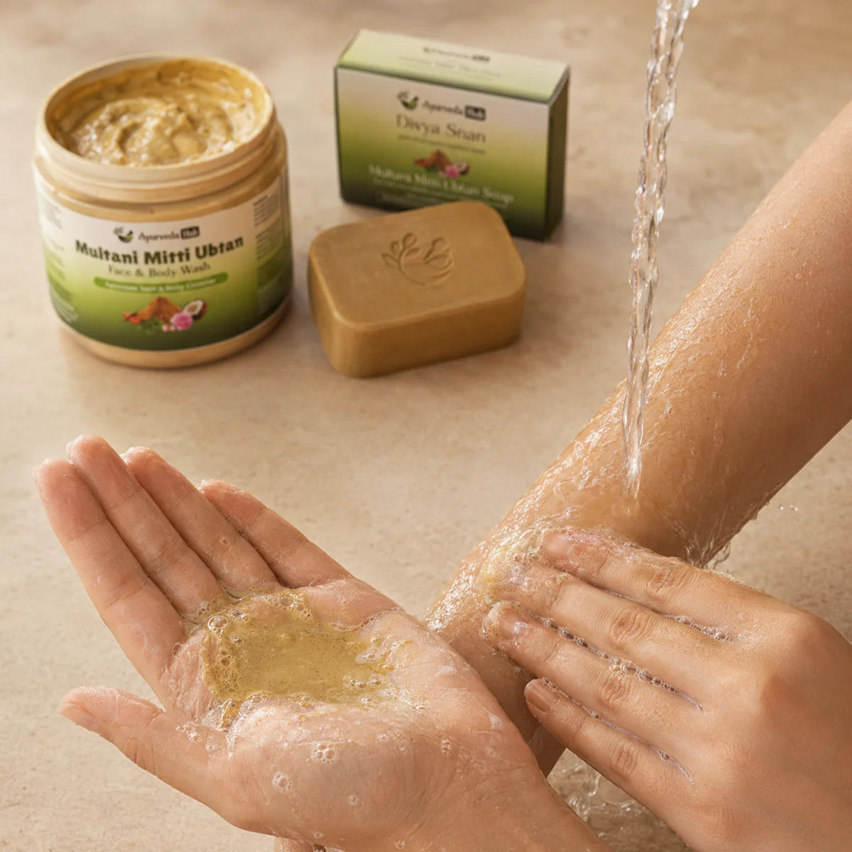 How to use the Multani Mitti Combo - lather the ubtan in wet palms and rinse within two minutes