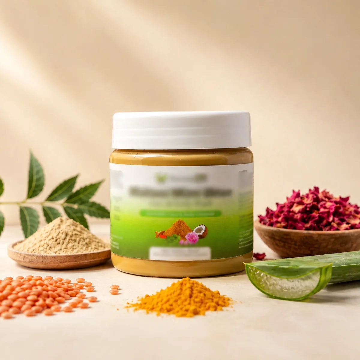 Multani Mitti Ubtan ingredients - multani mitti, masoor dal, turmeric, rose, aloe, neem