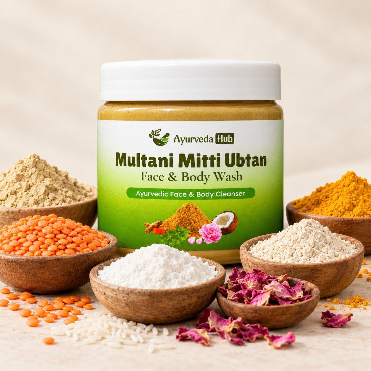 Multani Mitti Ubtan with multani mitti, masoor dal, rice flour, barley flour, rose petals and turmeric