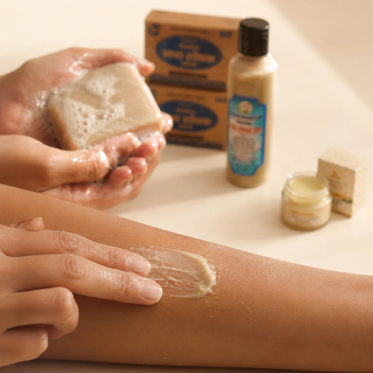 How to use the Natural Skin Repair Combo - cleanse with the soap, then oil and balm on the skin