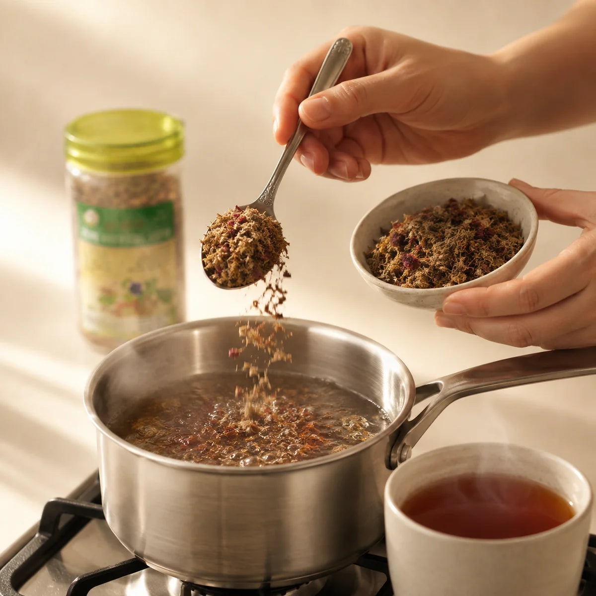 How to use Rog Nashak Chai - simmer a spoonful and strain into a cup